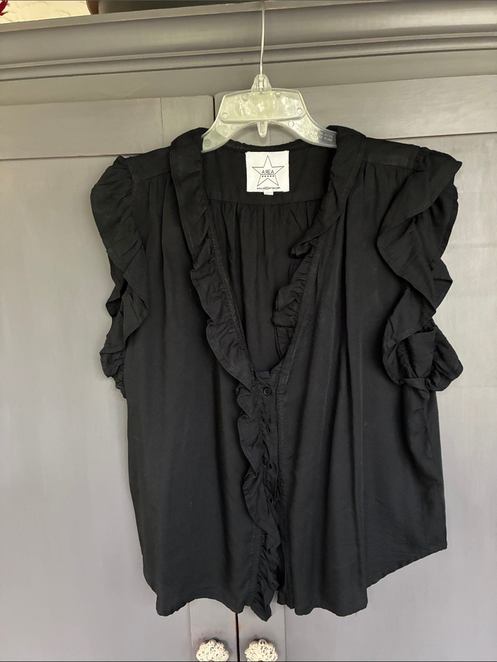 Area Black Ruffle-Trim Short Sleeve Blouse